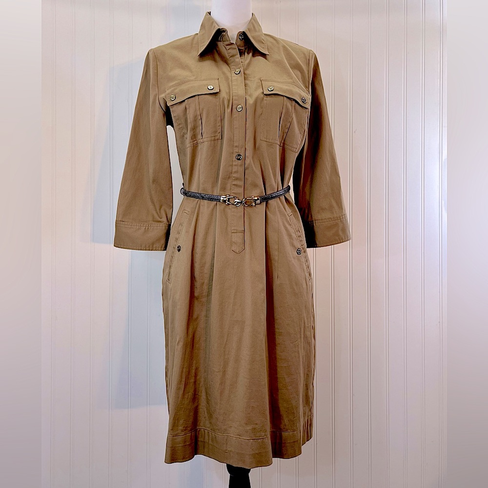 New York & Co Cotton Stretch Belted Safari Shirt Dress Midi Camel Khaki Size M